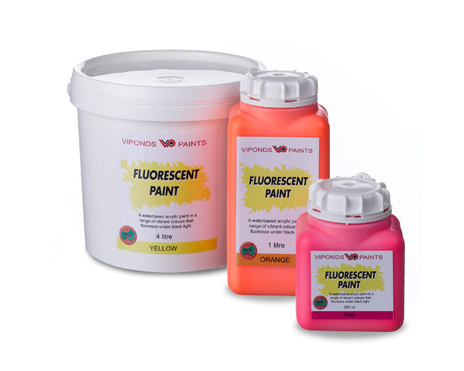 VIPONDS fluorescent paint containers in yellow, orange, and pink, available in 4-litre, 1-litre, and 500 ml sizes.