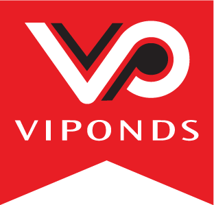 VIPONDS logo with bold red, black, and white 'VP' symbol and brand name on a red banner background.