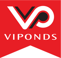 VIPONDS footer logo with bold red, black, and white 'VP' symbol and brand name on a red banner background.