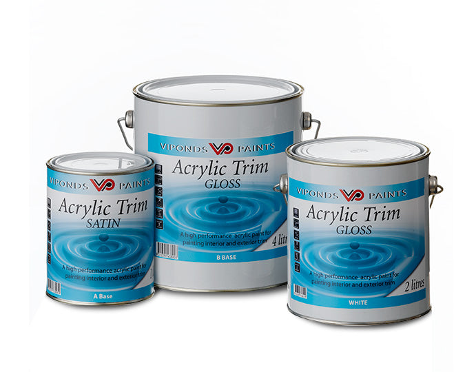 Viponds Acrylic Trim paint in satin and gloss finishes, available in various can sizes