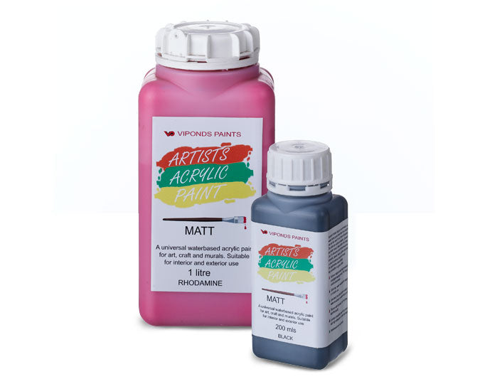 Viponds Artists Acrylic Matt paint in Rhodamine and Black, available in 1 litre and 200 ml sizes