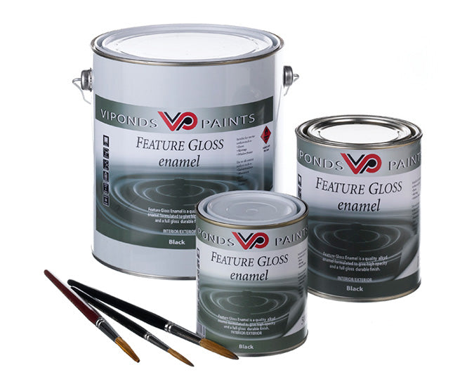 Viponds Paints Feature Gloss Enamel cans with signwriting brushes