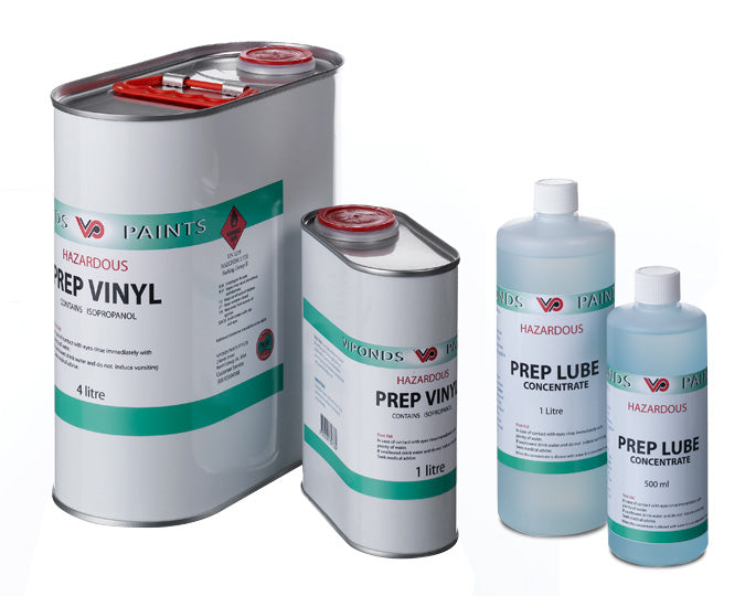 Tins and Bottles of Signwriting Surface Prep Solvents Prep Vinyl and Prep Lube Concentrate